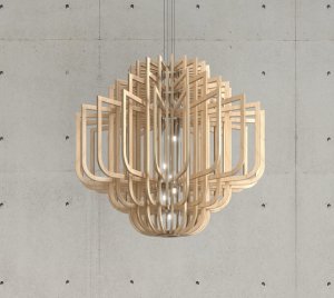 Artistic Chandelier Light with Spiral Plywood Shell and Integrated LED Glow