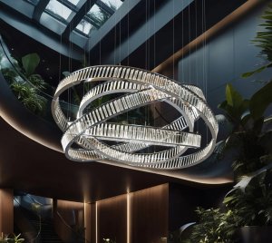 Sculptural Chandelier Light with Layered Metal Rings, Acrylic Interiors, and Integrated LED Strips