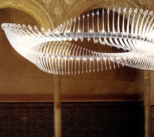 Artistic Chandelier Light with Swirling Sculptural Blades and Reflective Crystals