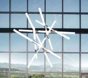 Modern Chandelier Light with Abstract Criss-Cross Geometry and Radiant LED-Lit Acrylic Tubes