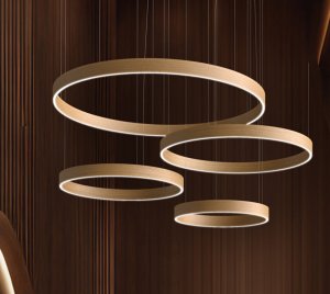 Modern LED Pendant Light with Suspended Aluminum Rings and Integrated Neon Lighting