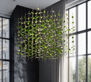 Chandelier Light with Anodized Aluminum Elements Suspended in Geometric Cube Inspired by Japanese Cherry Blossoms