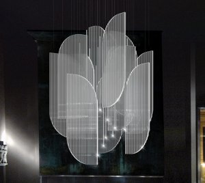 Contemporary Chandelier Light with Overlapping Acrylic and Aluminum Panels Evoking Art Deco Elegance
