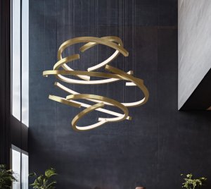 High Ceiling Swirling Chandelier Sculpture Inspired by Whirlpool Motion with Powder Coated Aluminum Tubes and Integrated LED Lighting