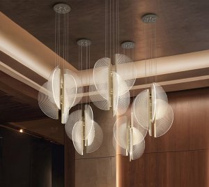 Contemporary Mezzo-Inspired Pendant Light with Edge-Lit Semicircles and Digitally Printed Patterns for Dynamic Interiors