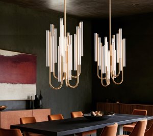 Modern LED Chandelier Light with Fluted Glass Accents and Harmonious Upward-Reaching Metal Arms
