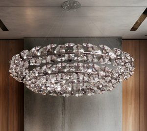 Sculptural Chandelier Light with Faceted Glass Crystals and Art Deco-Inspired Dimensional Elegance for Modern Interiors