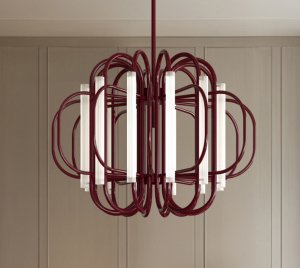 Sculptural Chandelier Light with Arched Metal Arms and Vertical Fluted Glass for Art Deco-Inspired Interiors