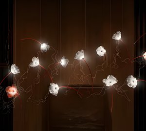 Handcrafted Chandelier with Transparent Lentiflex Blooms and Red-Lacquered Brass Stems for Modular, Clusterable LED Installations