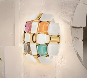 Luxury Decorative Wall Light Inspired by Haute Couture Jewels with Gold Finish, Handcrafted Diffuser and Dimmable LED Bulbs