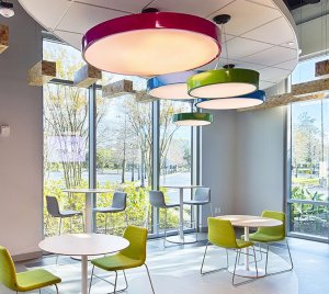 Round Pendant LED Light with PoE Integration and 0-10V Dimming for Wired or Wireless Building Lighting Control