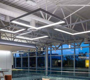 Architectural Edge-Lit Square LED Pendant Light with Connected Solutions for Daylight Harvesting and Occupancy Sensing