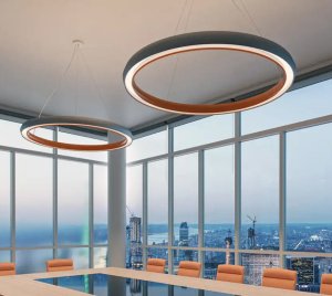 Low UGR High Efficacy LED Ring Pendant Light with DMX, DALI, PoE, and Wireless Control Integration Options