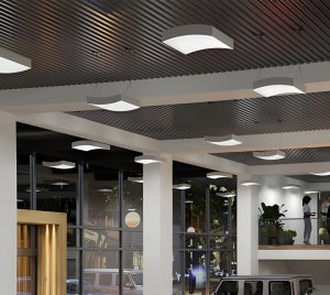Suspended LED Luminaire with Soft Curved Lens for Commercial Interiors
