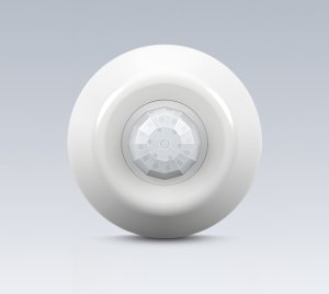 Battery Powered Wireless Ceiling Mount Occupancy Sensor with PIR and Acoustic Detection for Commercial and Institutional Lighting Control Applications