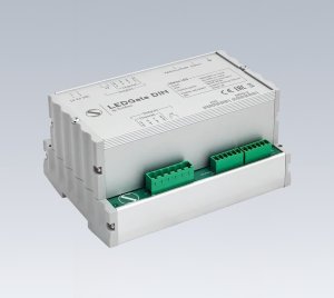 DIN Rail Mounted DMX512 Constant Voltage LED Power Supply and Control Module with PWM Channel Management