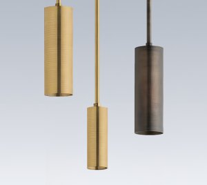 Pendant Stem Mount LED Cylinder in Semi Gloss White, Patina Brass, and Distressed Bronze