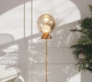 Artistic Floor Lamp with Sandblasted Glass Elements and Multi-Layer Aurum, Rose, and Argent Nanocoating