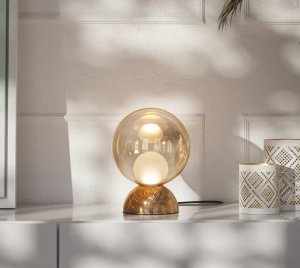 Artistic Table Lamp with Luminous Inner Sphere and Sandblasted Glass Accents for Subtle Ambient Warmth