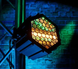 Warm White LED Strobe/Blinder Fixture with RGB Backlight Effects and Modular Interlocking Housing Design