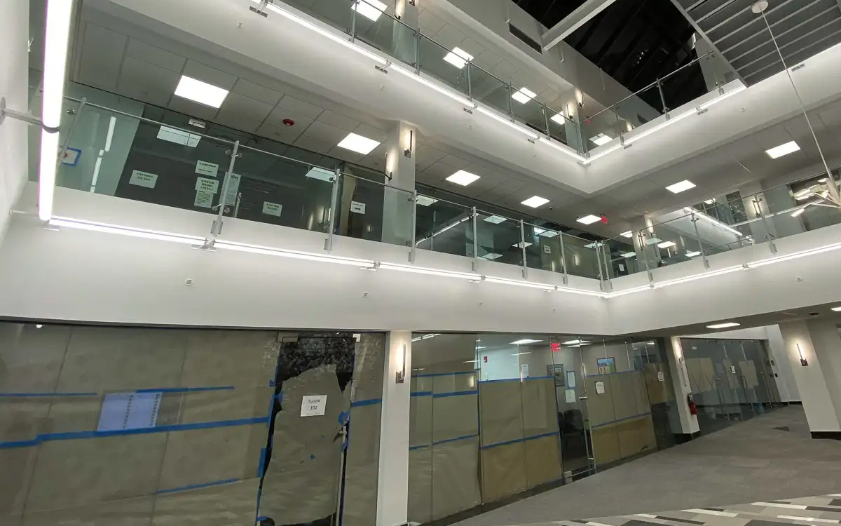 360-Degree LED Tube Luminaire in Vertical Pendant, Horizontal Pendant, Wall Sconce, and Wall-to-Wall Configurations