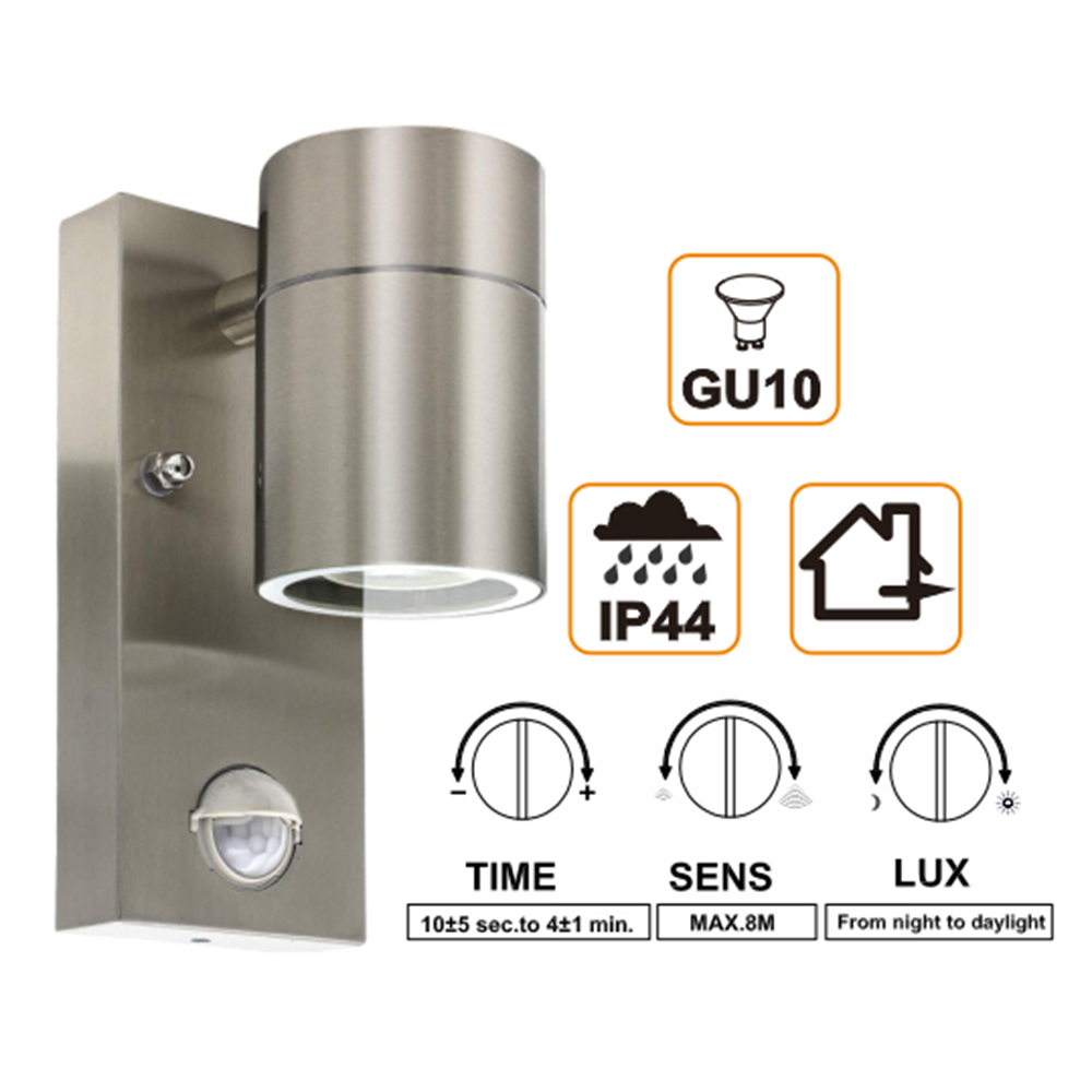 External Wall Security Spot Lights PIR Sensor Modern Up Down Stainless Steel Lamps Fixture Use GU10 (not Included) IP44 Waterproof