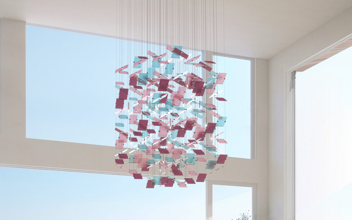 Abstract Chandelier Light with Floating Acrylic Strands and Mirror ACM Ceiling Plate Design