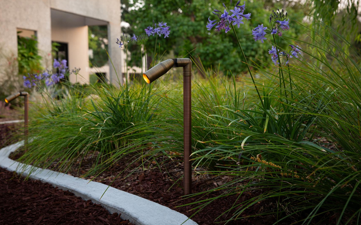 Adjustable Brass Path Light with Luxor RGBW Zoning and Dimming for Commercial and Residential Landscape Lighting