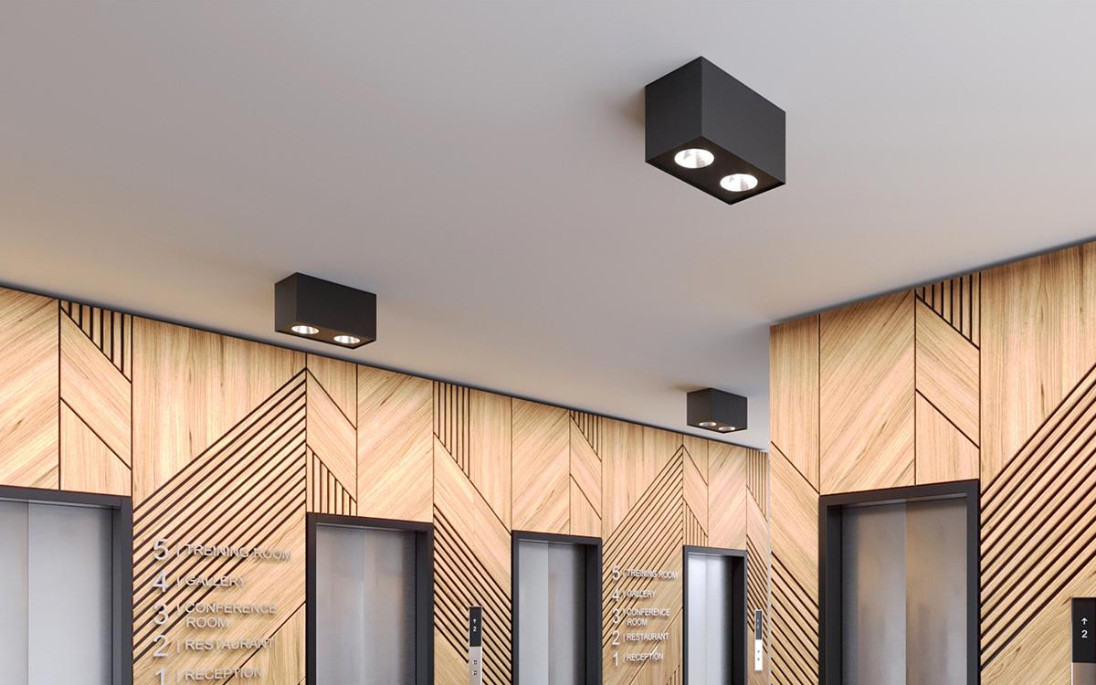 Architectural Cuboid LED Downlight with Modular Heads for Atriums, Lobbies, and Open Ceiling Environments