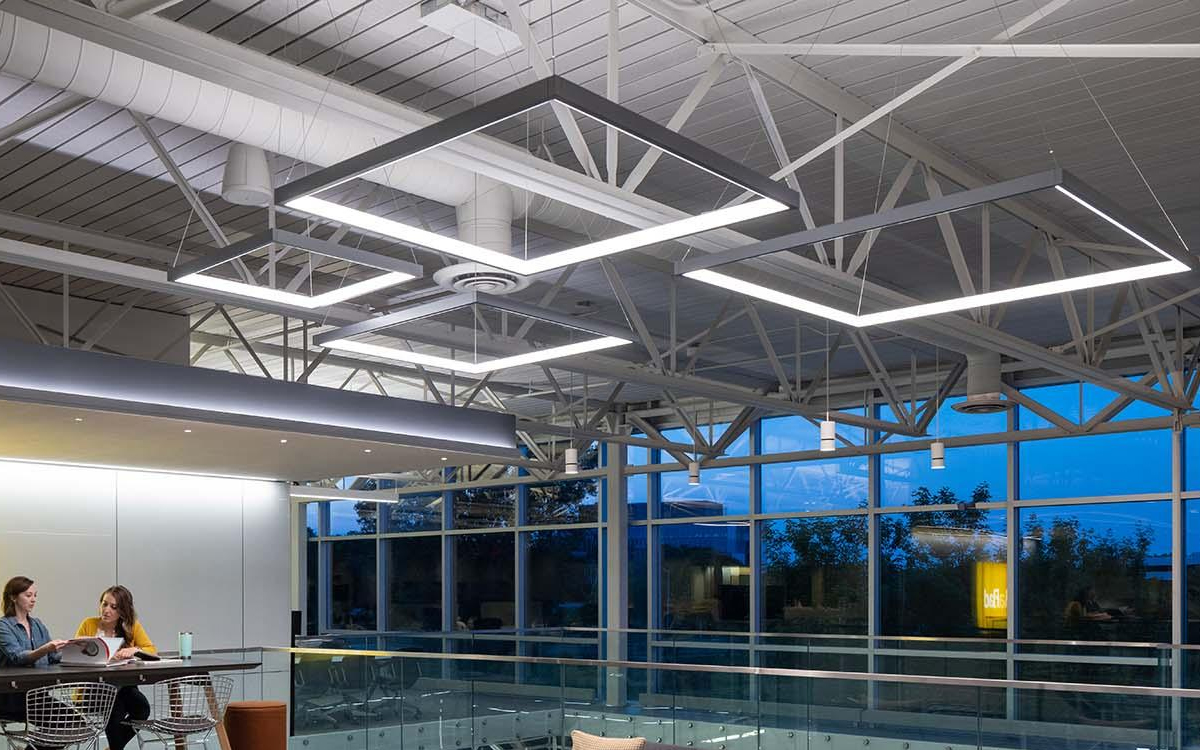 Architectural Edge-Lit Square LED Pendant Light with Connected Solutions for Daylight Harvesting and Occupancy Sensing