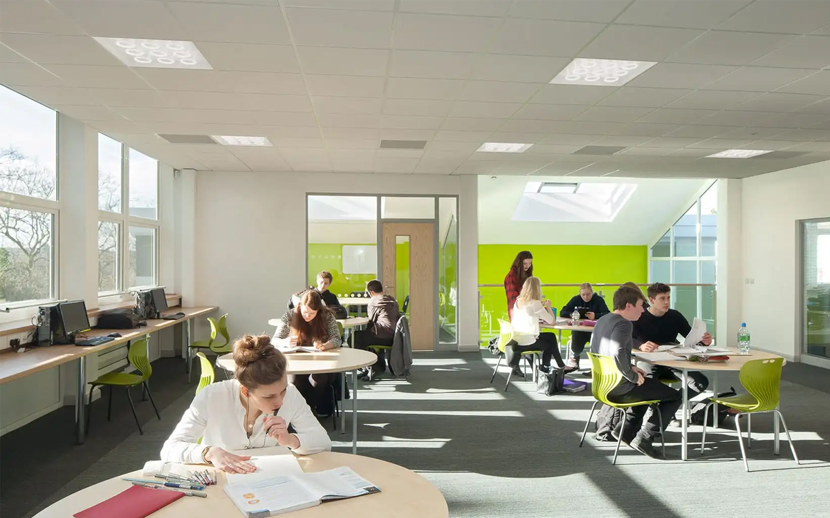 Architectural Recessed LED Ceiling Light with Radial Anidolic Optics for Office, Retail, and Public Interior Spaces
