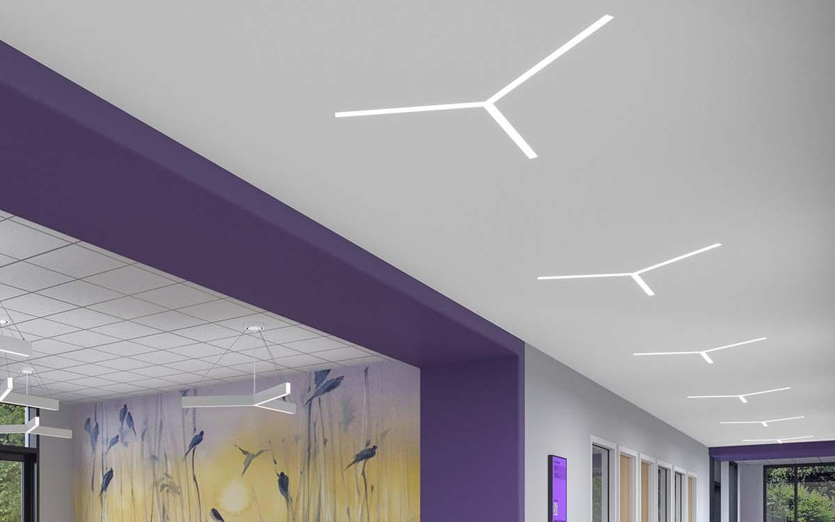 Architectural Recessed LED Lighting Fixture with Narrow Y-Shaped Aperture and Optional Louvers for Glare Control