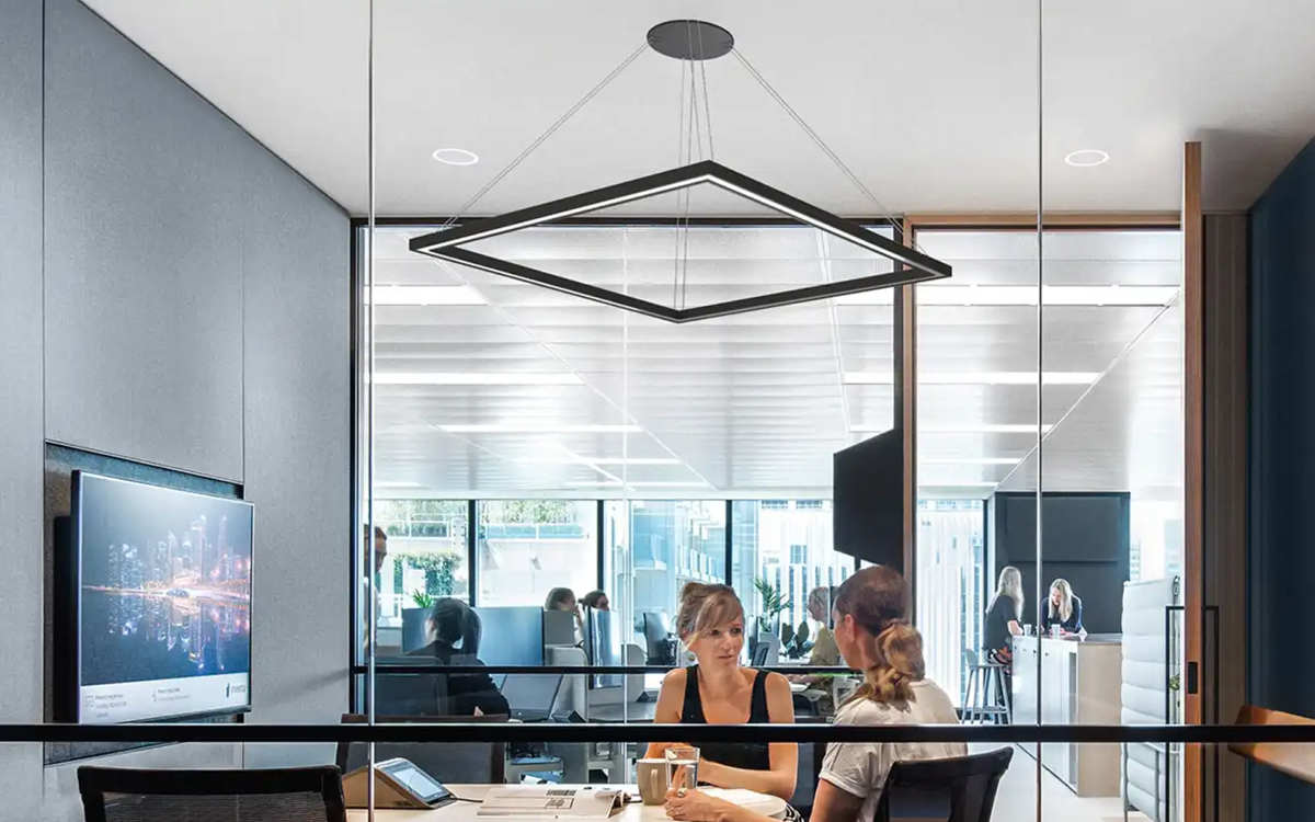 Architectural Suspended LED Pendant with Anidolic Optics and Minimalist Frame Design
