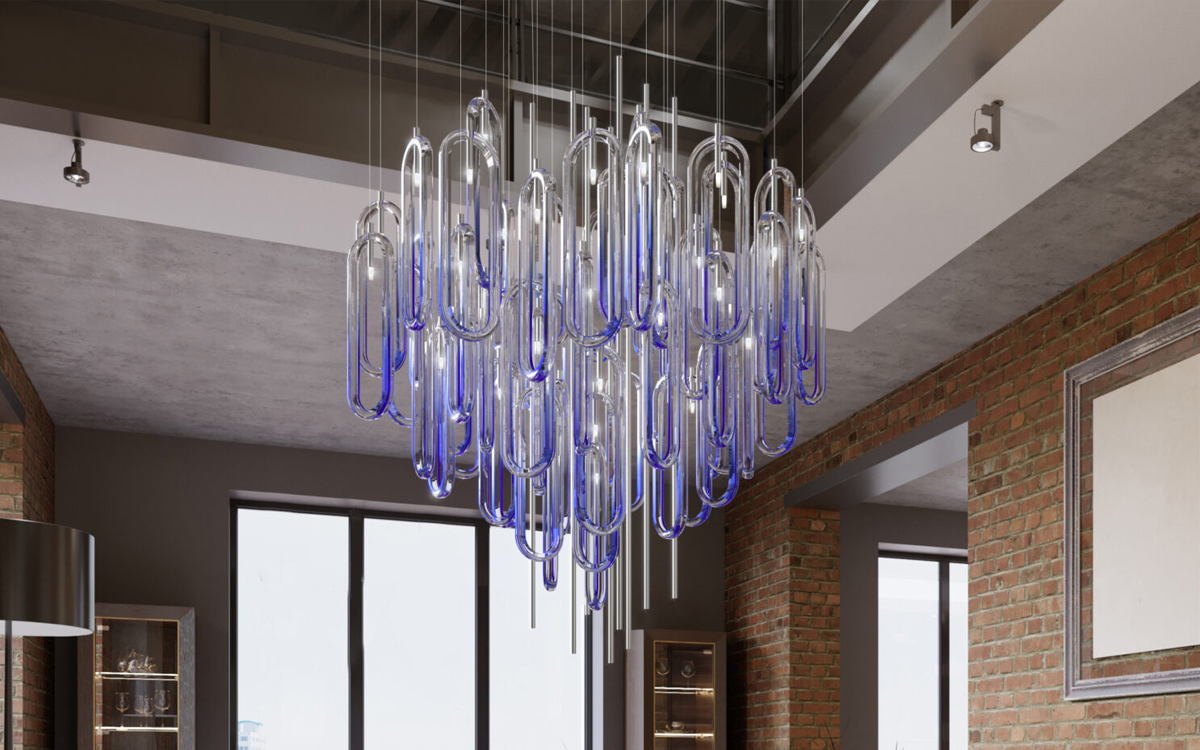 Artistic Blue Acrylic Chandelier Light Inspired by Spring Skies for Living Rooms, Entryways, Reception Areas