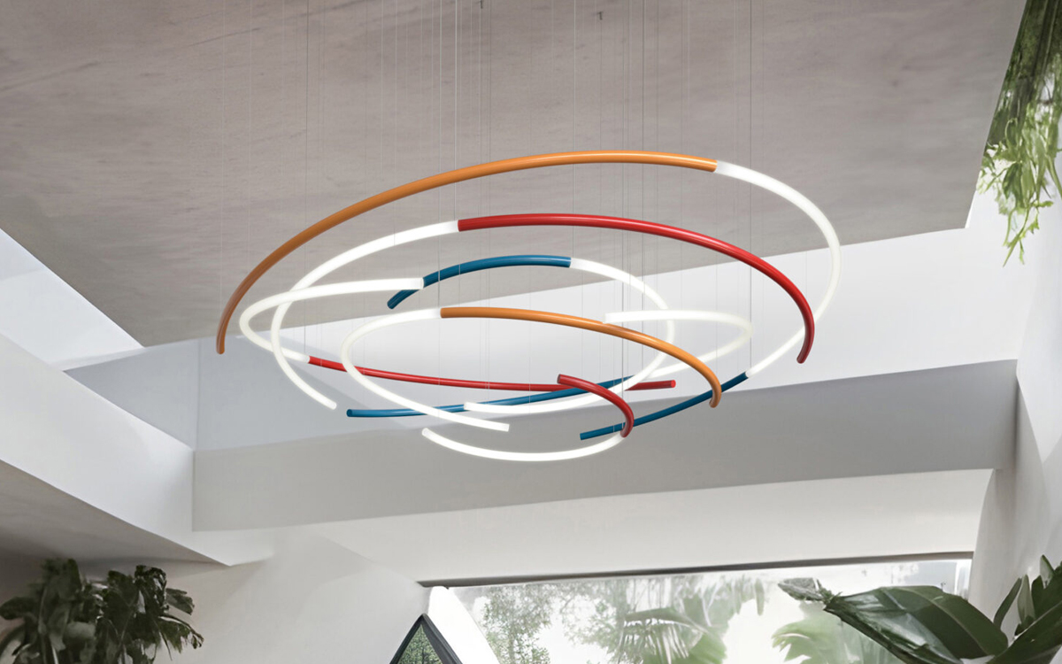 Artistic Ceiling Chandelier with Spatial Semi-Circle Composition and Radiant LED Neon Glow