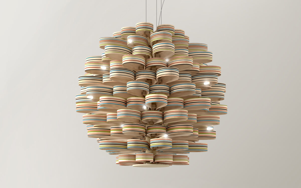 Artistic Chandelier Light with Digitally Printed Color and Sculptural Plywood Design