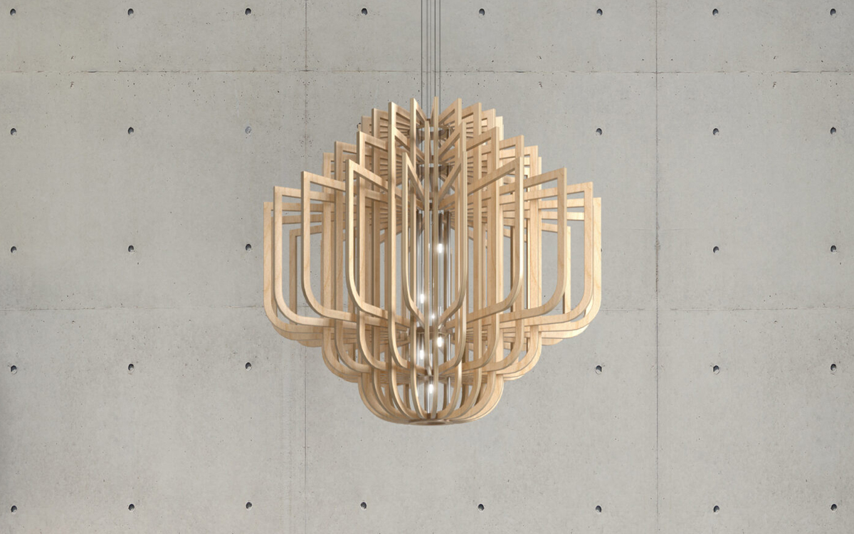 Artistic Chandelier Light with Spiral Plywood Shell and Integrated LED Glow
