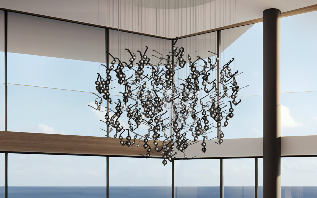 Artistic Chandelier Light with Suspended Spectacles and Metal Spheres for Dynamic Visual Effect