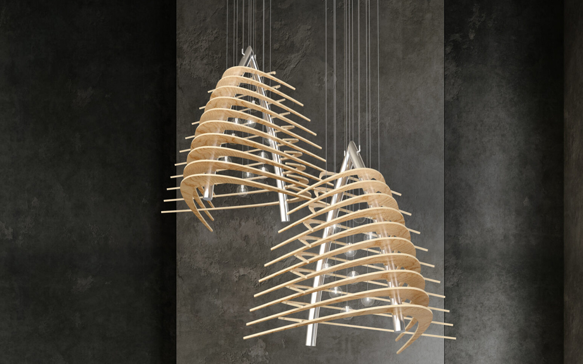 Artistic Dome Pendant Light with Plywood Blades and Solid Glass Spheres for Modern Interiors