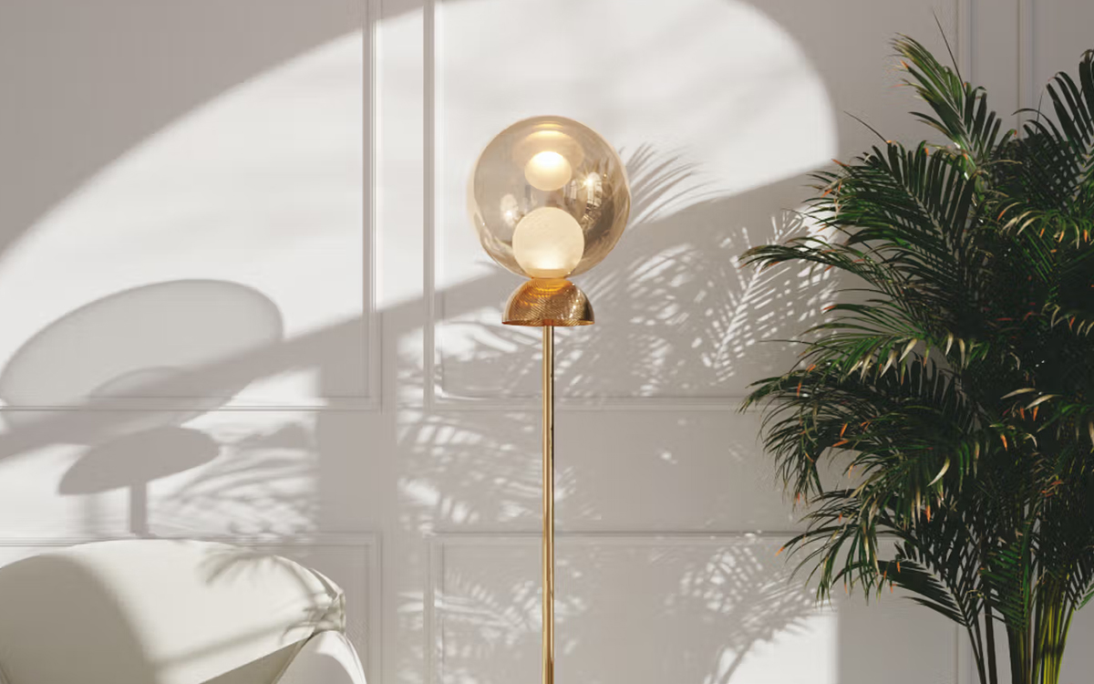 Artistic Floor Lamp with Sandblasted Glass Elements and Multi-Layer Aurum, Rose, and Argent Nanocoating