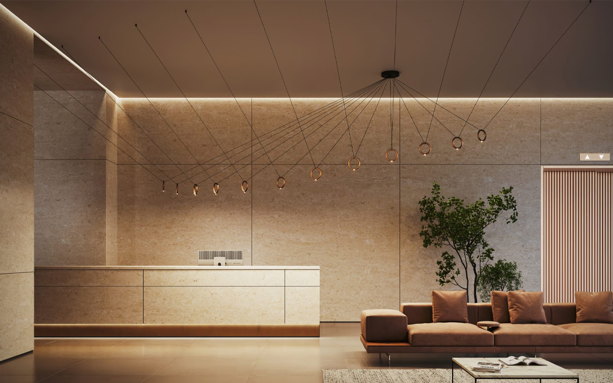 Artistic LED Ring Light Concept with Flexible Cable Suspension and Refined Modern Geometry