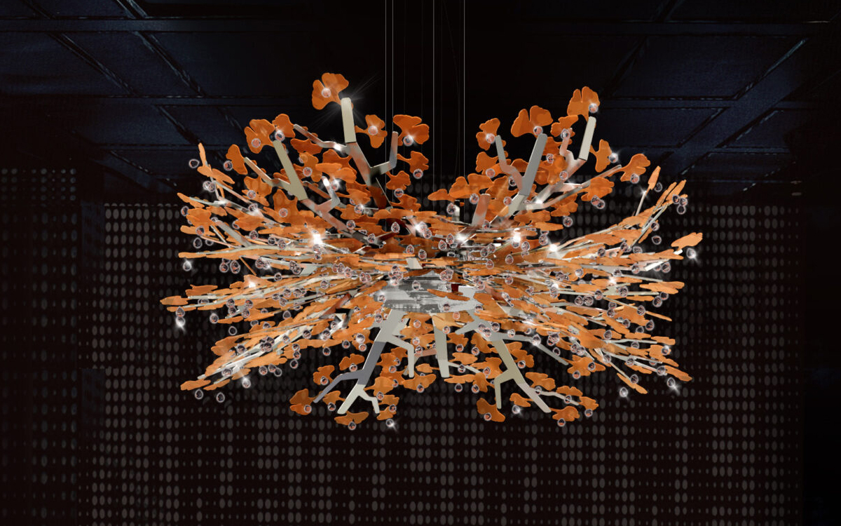 Artistic Luxury Chandelier Light with Amber Acrylic Leaves, Sparkling Crystal Highlights, and Illuminated LED Core