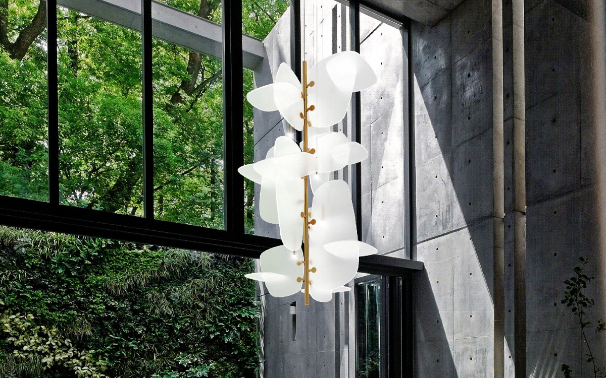 Artistic Statement Chandelier Light with Acrylic Intersections and Brass Accents for Modern Architecture