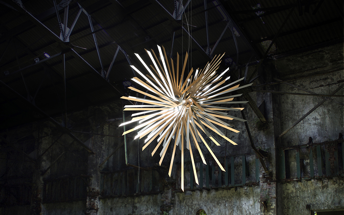 Artistic Statement Chandelier Light with Explosive Burst of Renewal in Metallic Shards and LED Illumination
