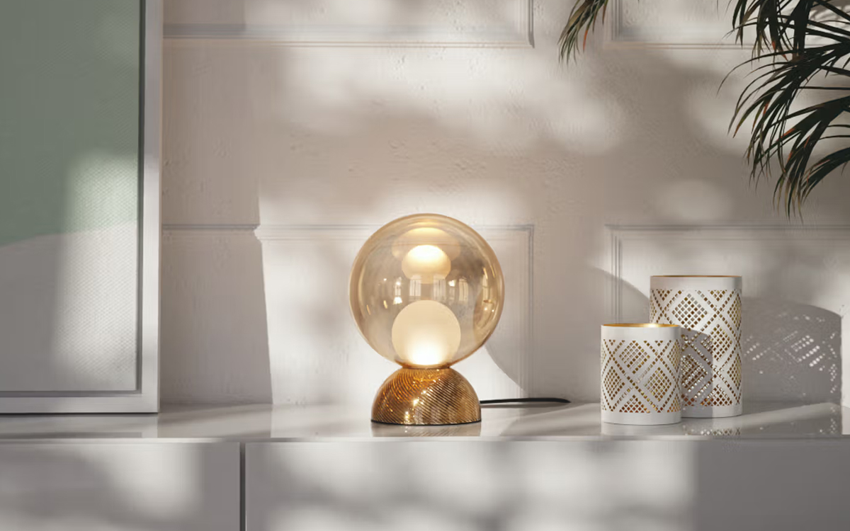 Artistic Table Lamp with Luminous Inner Sphere and Sandblasted Glass Accents for Subtle Ambient Warmth