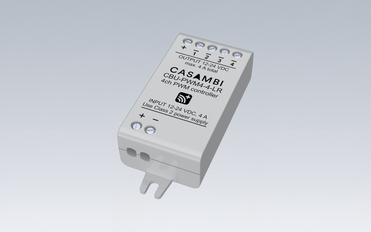 Bluetooth Controllable Casambi Four-Channel PWM Dimmer for Constant Voltage LED Strips and Modules with RGBW and Tunable White Control