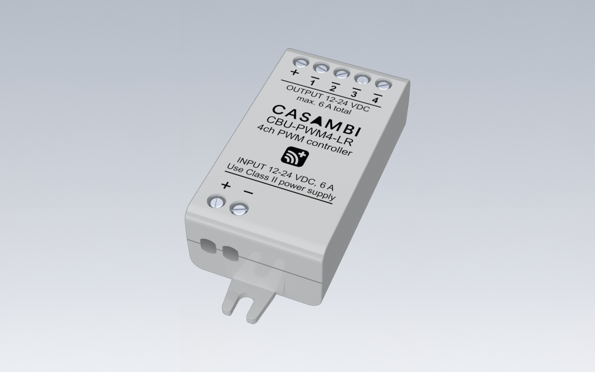 Casambi Bluetooth Controllable 4-Channel PWM Dimmer for Constant Voltage LED Strips and Modules with Full RGBW and Tunable White Control