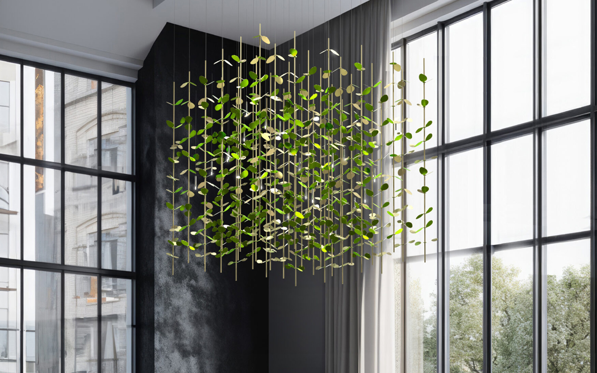 Chandelier Light with Anodized Aluminum Elements Suspended in Geometric Cube Inspired by Japanese Cherry Blossoms
