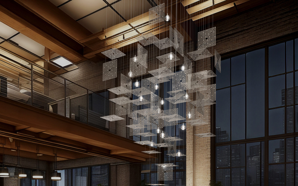 Contemporary Artistic Pendant Fixture with Escher-Style Aluminum Squares and Radiant LED Illumination for Visual Drama