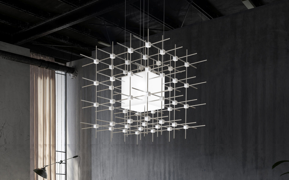 Contemporary Chandelier Light with a Geometric Grid of Satin Aluminum Tubes and Acrylic Cube Core Illuminated by LEDs